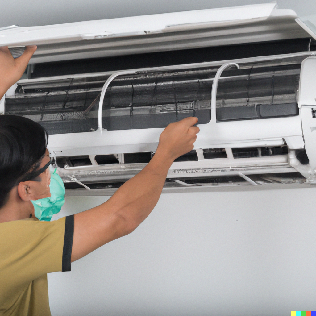 air conditioner technician cleaning air conditioner inside house