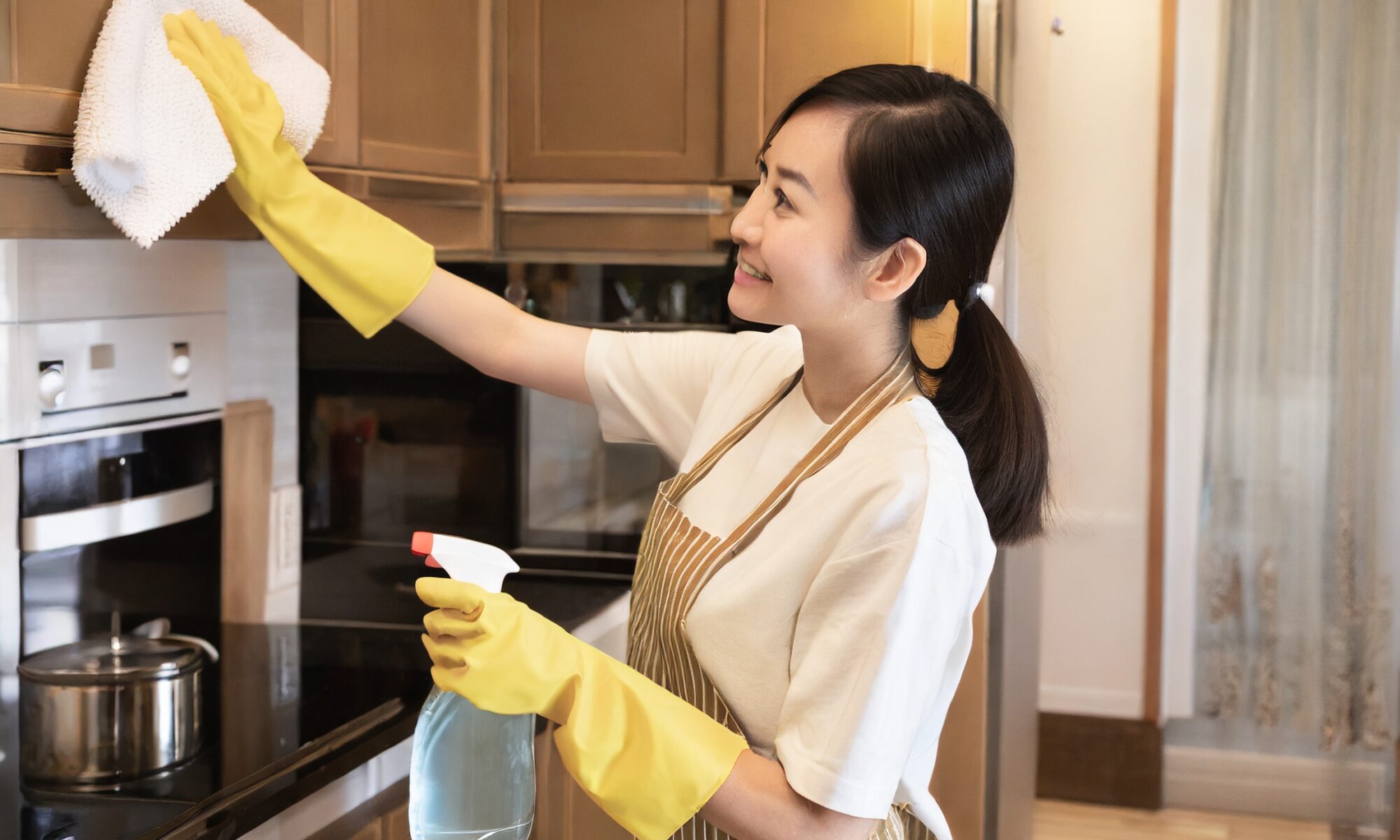 Maid cleaning kitchen cabinet