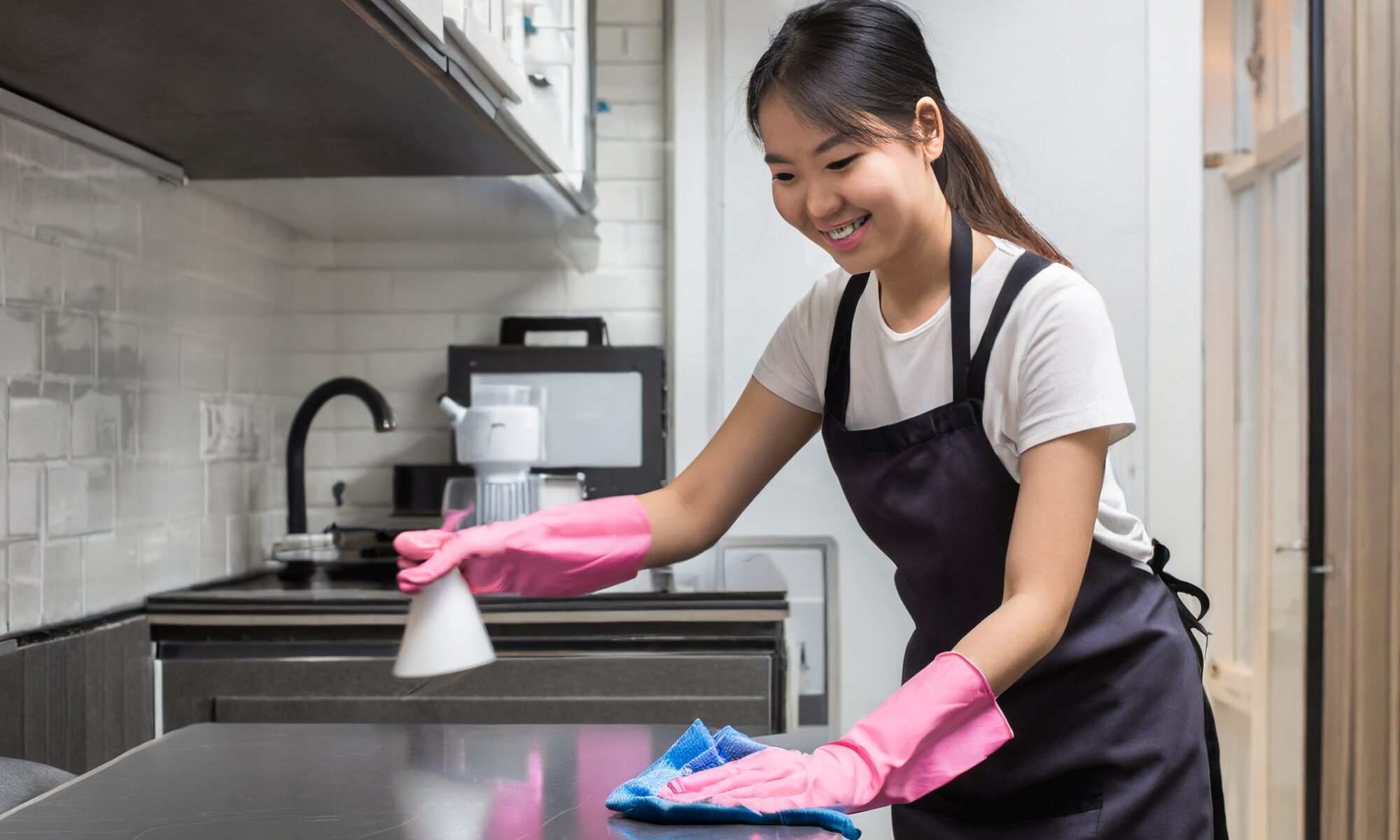 Professional cleaner wiping down a kitchen top