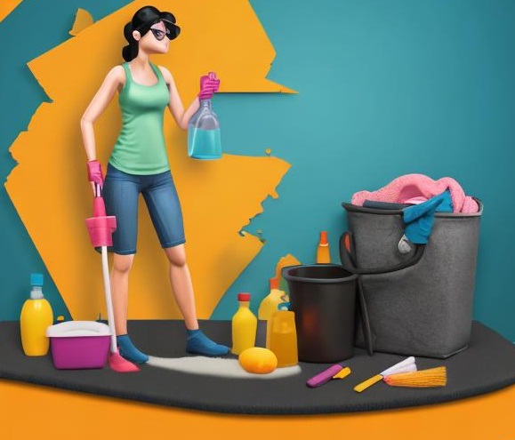 Illustration of a helper with cleaning equipment