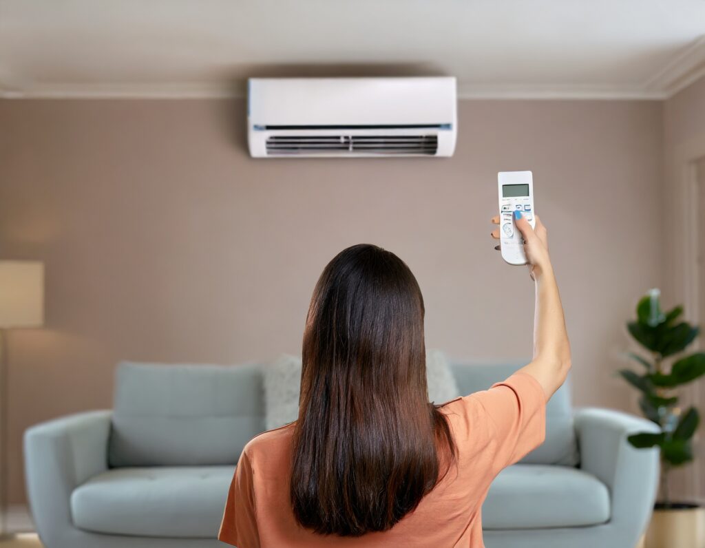 woman adjusting the temperature of an aircon in living room