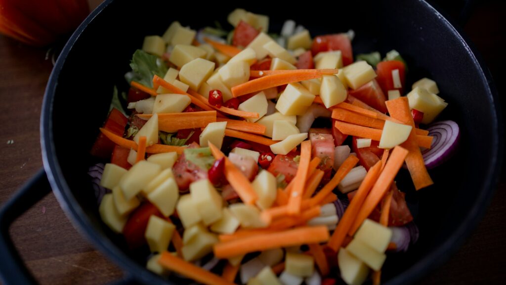 stir-fry with pre-cut vegetables in a pan 