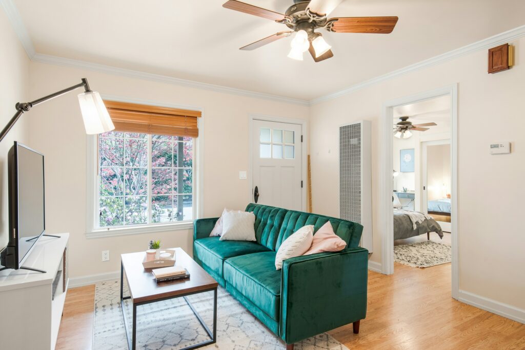 image of living room with ceiling fan