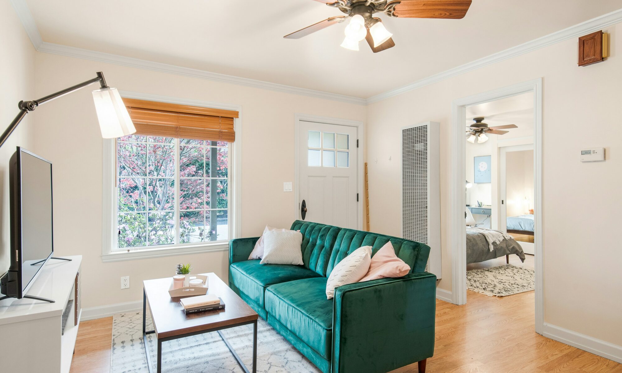 image of living room with ceiling fan