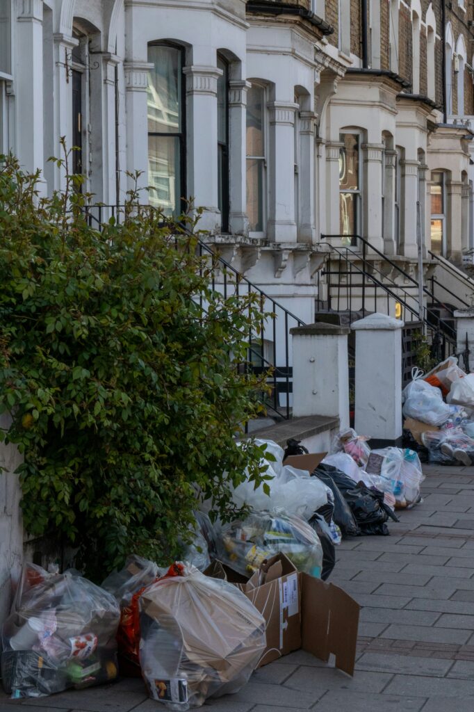 trash lined up infront of houses