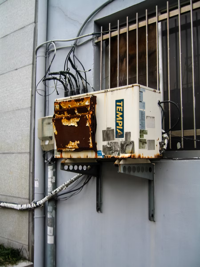 image of an old circuit breaker box and rusty exterior