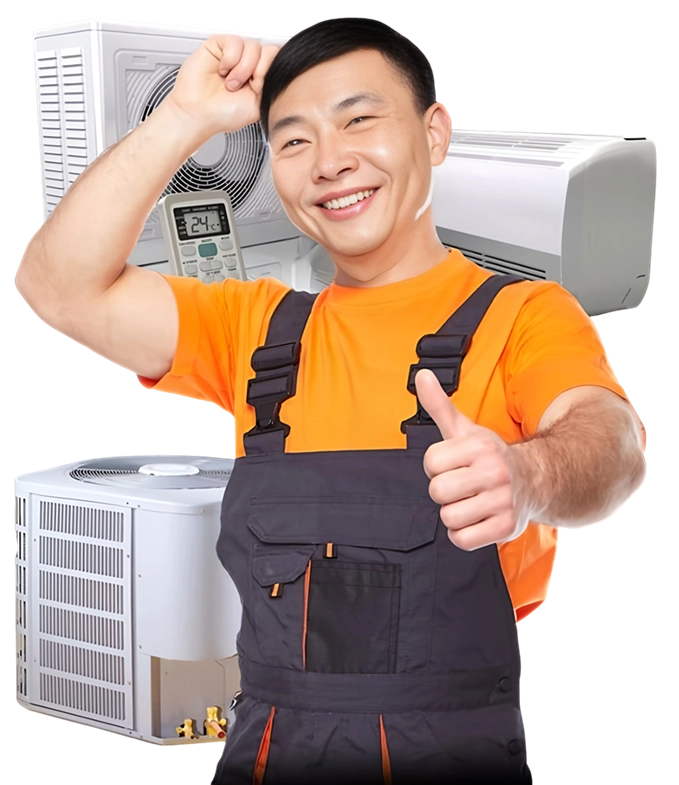 image of aircon tech posing infront of a flurry of aircons